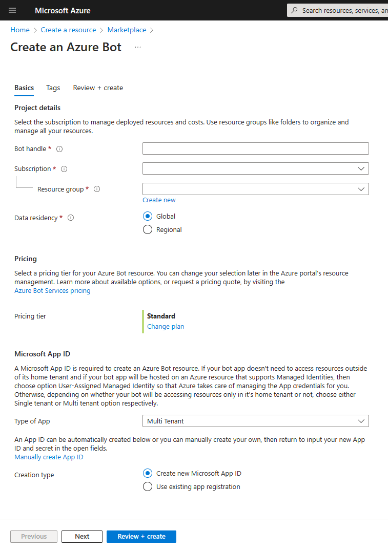 The page to register a new Azure Bot. It includes settings about the Bot handle, the target subscription and resource group, the pricing tier, and the Microsoft App ID settings.
