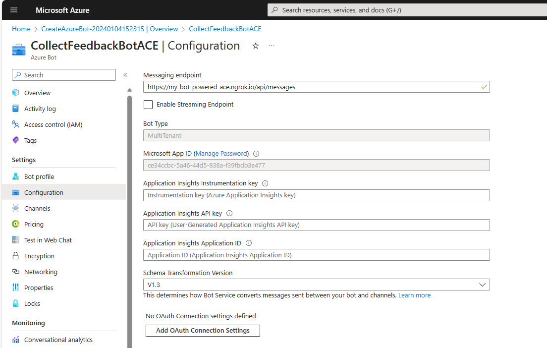 The configuration panel for an Azure Bot. It includes settings about Messaging Endpoint URL, the Microsoft App ID, the Application Insights keys, the Schema Transformation Version, and the OAuth Connection settings.