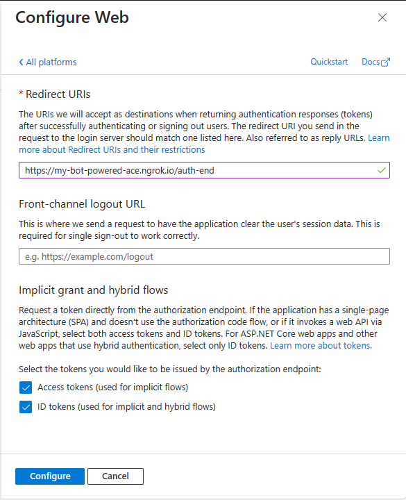 The panel to configure a Web platform for the Microsoft App. You can configure the "Redirect URIs" for the web app and enable the "Implicit grant and hybrid flows" with support for "Access tokens" and "ID tokens".