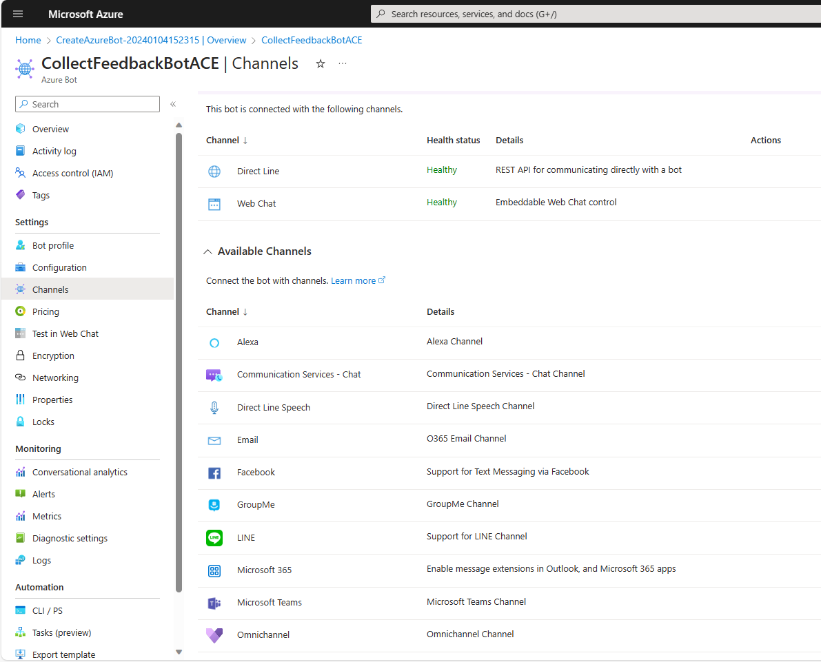 The panel to configure channels for the Azure Bot. There are two pre-selected channels: "Direct Line" and "Web Chat". There is a list of "Available Channels", including the "Microsoft 365" channel.