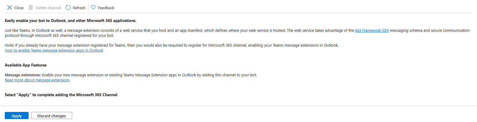 The panel to configure the "Microsoft 365" channel in the list of channels supported by the Azure Bot. There is a description of the purpose of the channel and an "Apply" button to add the channel to the list of channels supported by the Azure Bot.