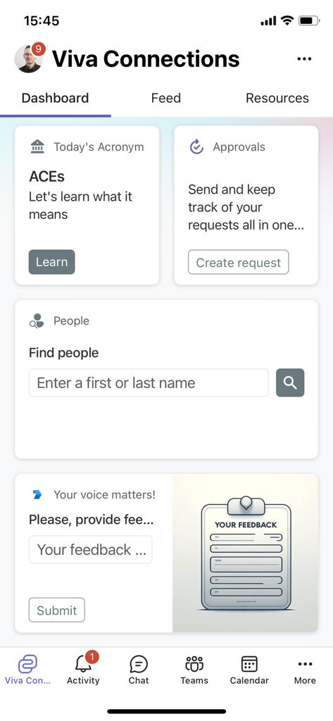 The mobile Viva Connections Dashboard with some Adaptive Card Extensions, including one to collect user's feedback with a textbox and a button to submit the feedback.
