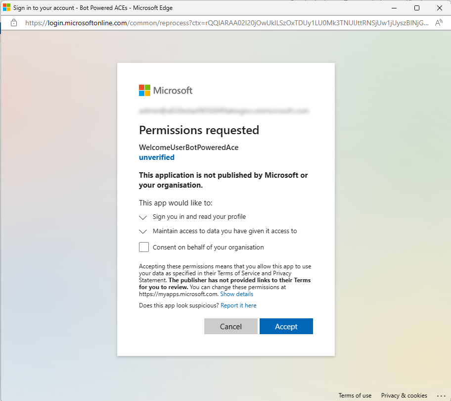 The popup dialog of Microsoft Entra ID to collect the user's consent to access specific resources based on the current Azure Bot application permissions.