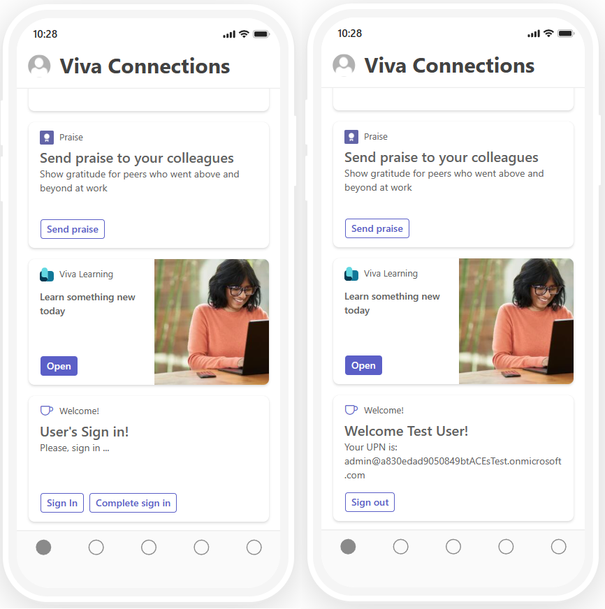 The UI of the sample Bot Powered ACE in the Viva Connections mobile experience. There is a Card View showing a sign-in interface with a "Sign-in" button. There is also another Card View showing a welcome message for an authenticated users.