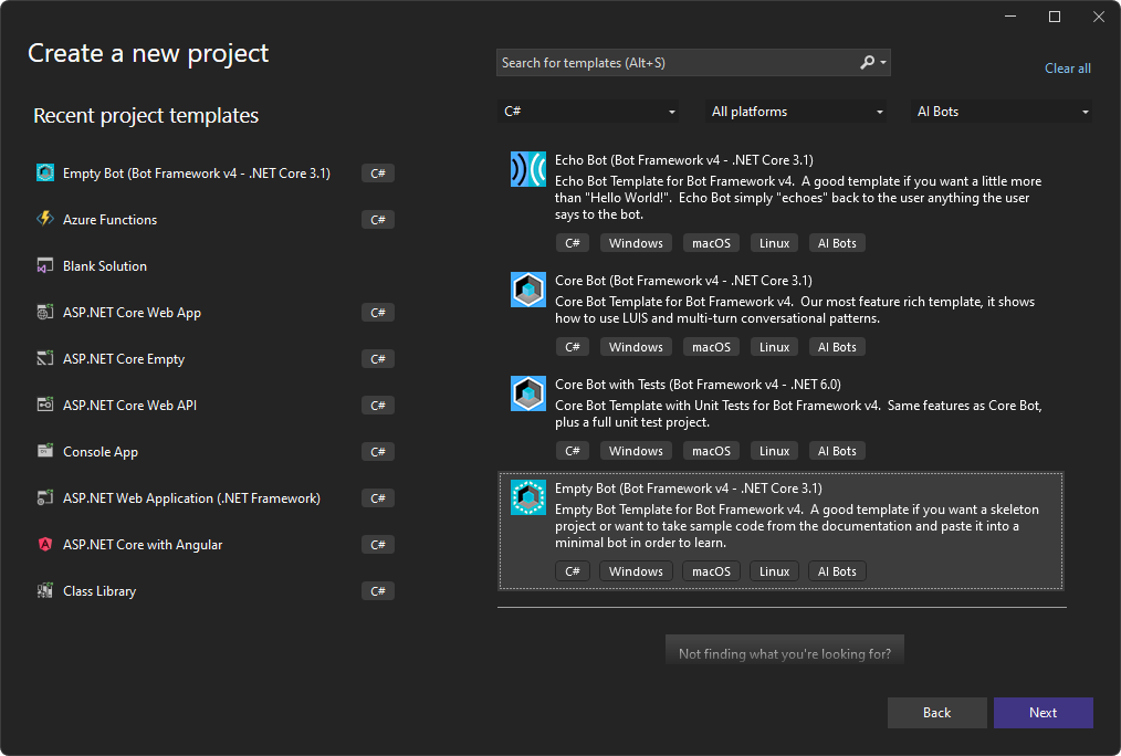 The UI of Microsoft Visual Studio 2022 to create a new project of type "Empty Bot (Bot Framework v4 - .NET Core 3.1)"