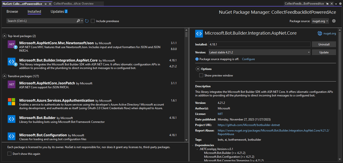 The UI of Microsoft Visual Studio 2022 when upgrading the version of the NuGet package "Microsoft.Bot.Builder.Integration.AspNet.Core" to version 4.21.2 or higher.