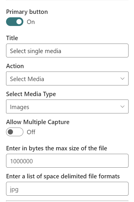 Set the on-click action to "Select Media" from the drop-down menu for the primary button