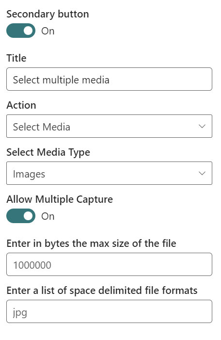 Set the on-click action to "Select Media" from the drop-down menu for the secondary button and enable multiple file uploading