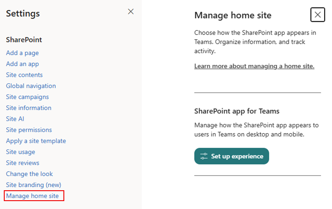 Screenshot that describes how to access SharePoint app in Teams through Manage home site option.