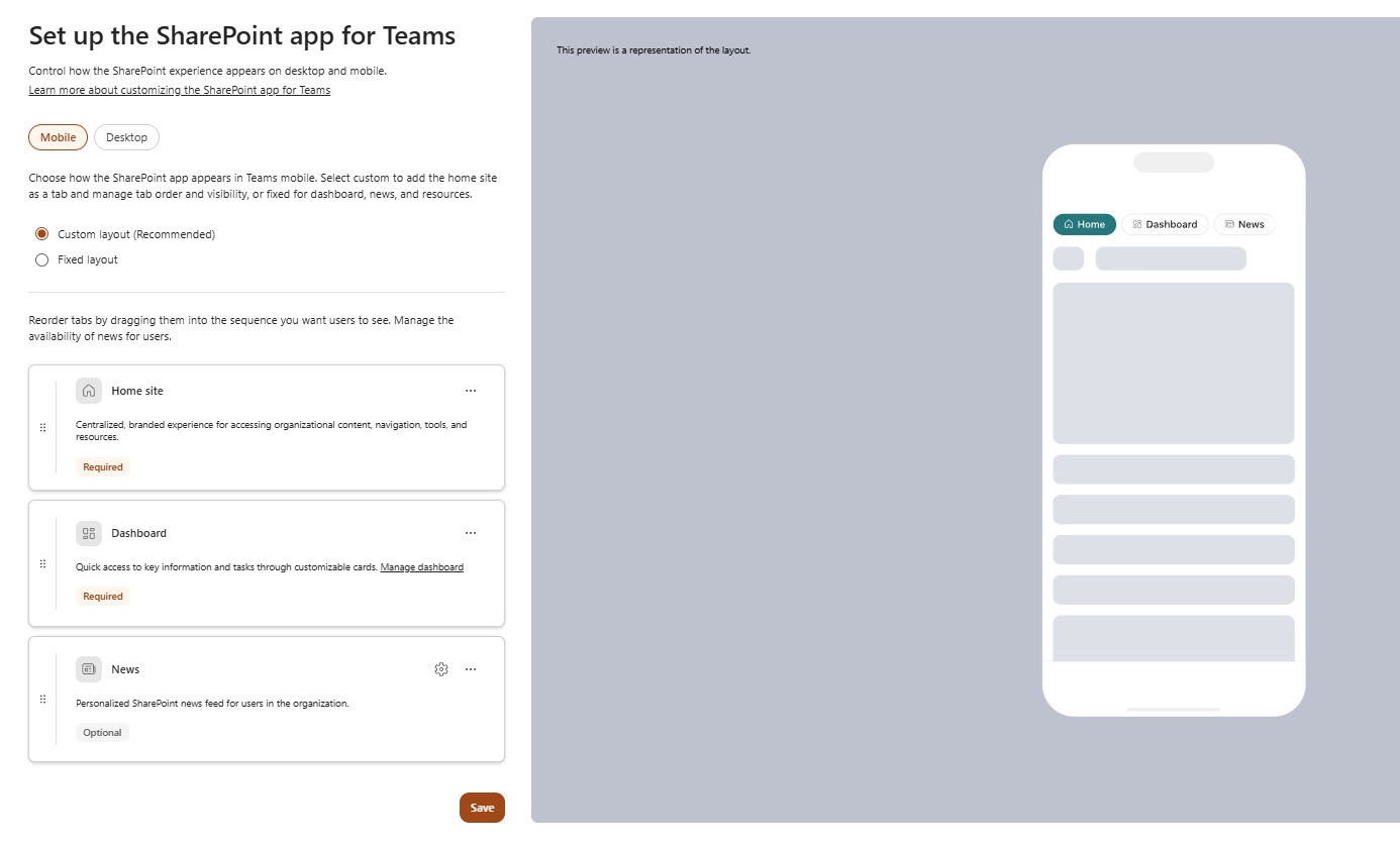 Screenshot that describes the mobile custom layout configuration.