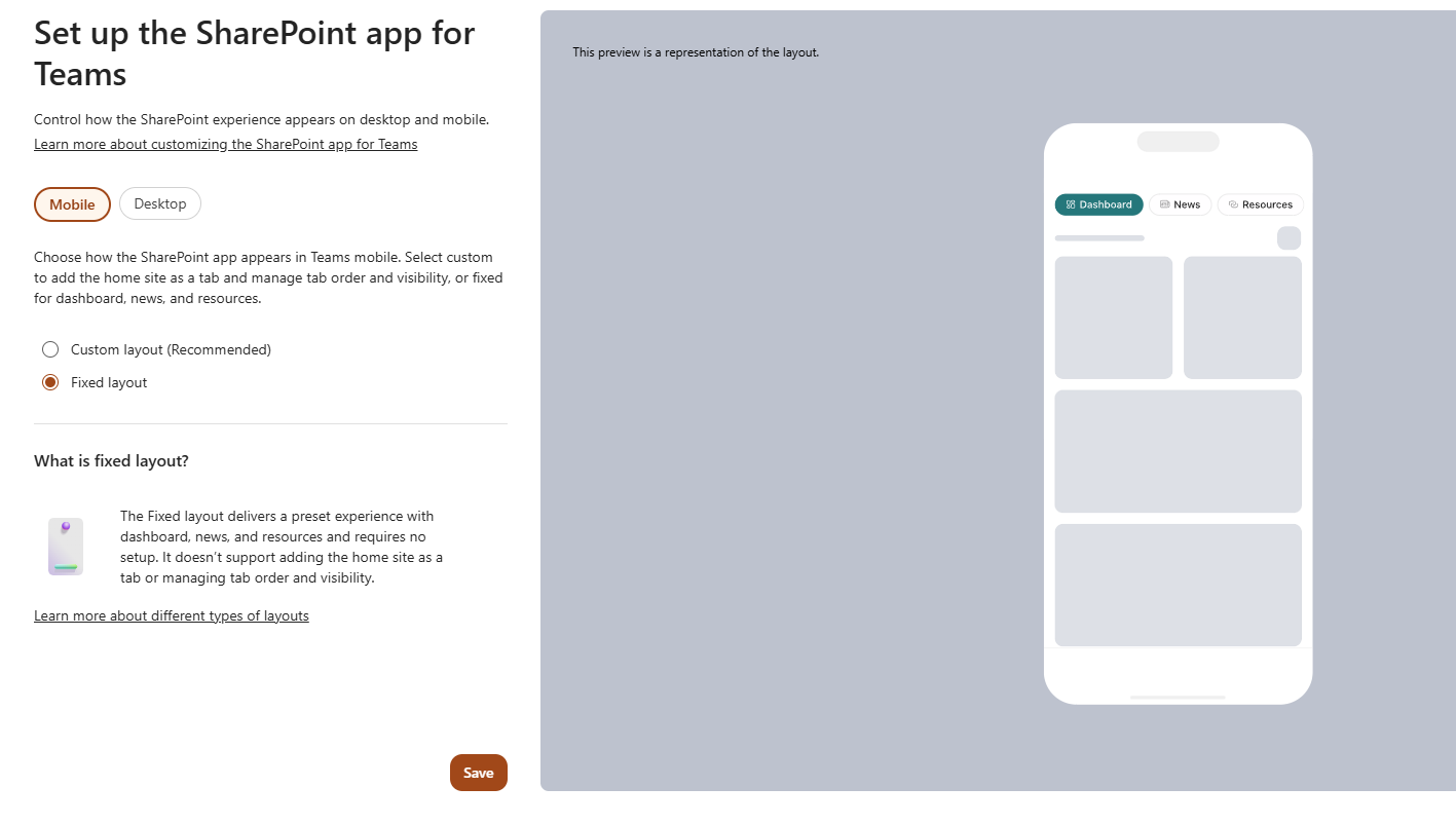 Screenshot that describes the mobile fixed layout configuration.