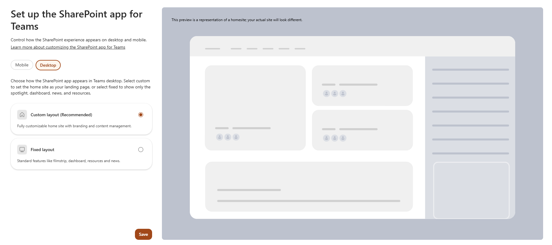 Screenshot that describes the desktop custom layout configuration.