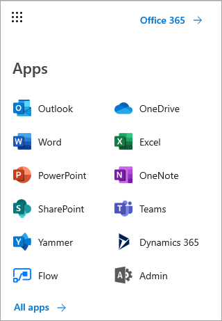 Microsoft 365 app list from app launcher button