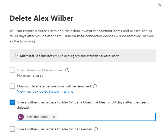 Panel for deleting a user from the Microsoft 365 admin center