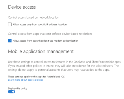 Device access page in the OneDrive admin center