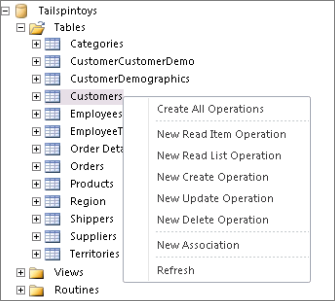 Screenshot that shows the Tailspintoys database in SharePoint Designer. If you right click on the table name, a menu appears where you can select operations to create.