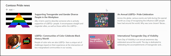 Image of the news web part with prepopulated content focused on LGBTQ+ topics.