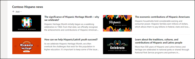 Image of the news web part with prepopulated content focused on Hispanic Heritage topics.