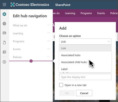 Image of the navigation section on a SharePoint site in edit mode