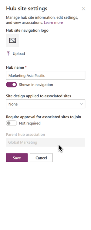 Image of the hub site settings panel highlighting the Parent hub association