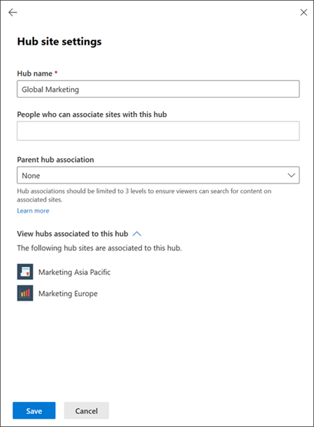 Image of the hub management panel in the SharePoint admin center