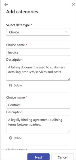 Screenshot of the Add categories panel.