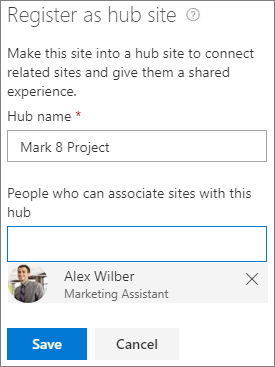 Screenshot of hub site registration dialog in the SharePoint admin center