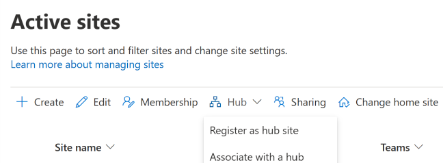 Registering a site as a hub site