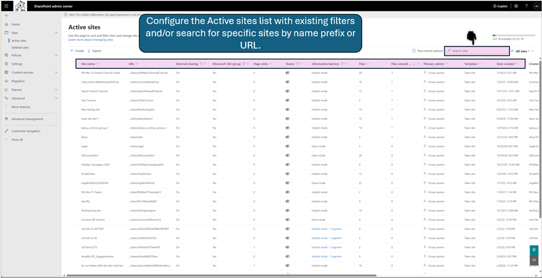 Screenshot of using filter and sorting functions to sort active sites page in SPAC
