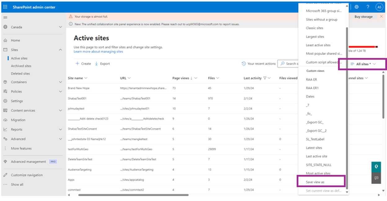 Screenshot of saving custom active sites view