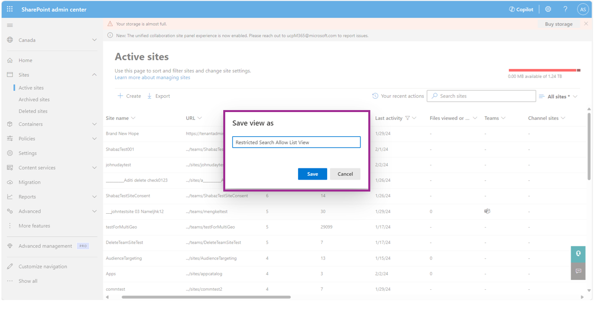 Screenshot of naming custom active sites view