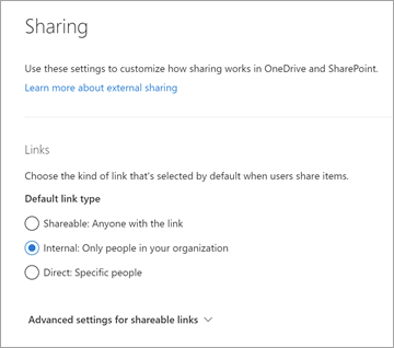 Sharing page in OneDrive admin center