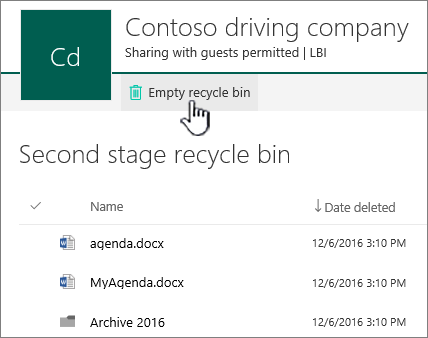 Screenshot shows the SharePoint Online 2nd level recycle bin with Empty recycle bin button highlighted.
