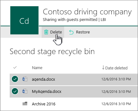 Screenshot shows the SharePoint Online 2nd level recycle with delete button highlighted.