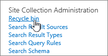 Screenshot shows Recycle Bin selected in the Site Collection Administration section of Settings.