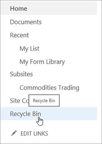 Screenshot shows the selection of Recycle Bin option in left navigation.
