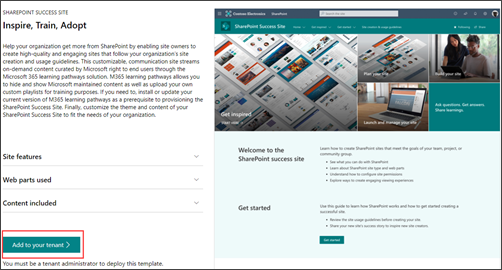 Image of the SharePoint Success Site look book page. The "Add to your tenant" button is highlighted.