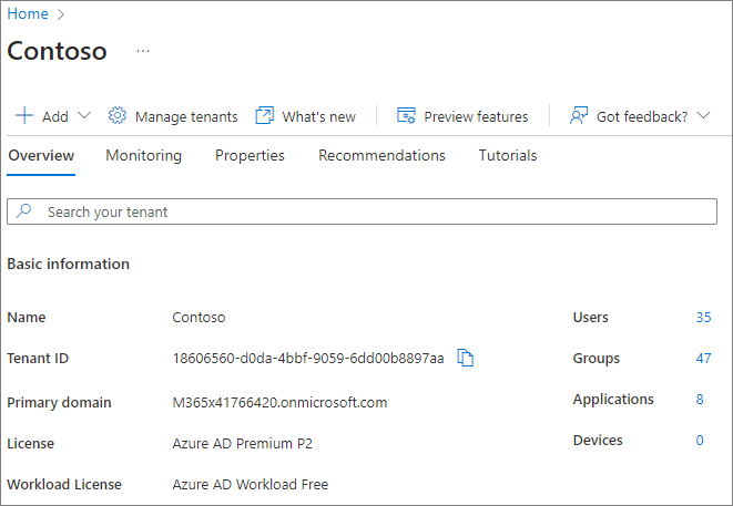 The Directory Properties pane in the Azure Admin Center dashboard