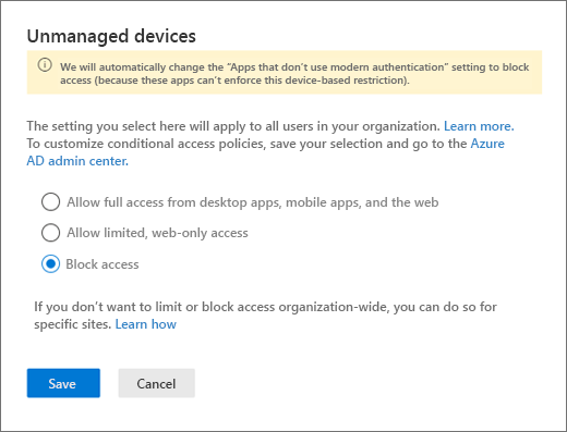 The Unmanaged devices pane in the SharePoint admin center