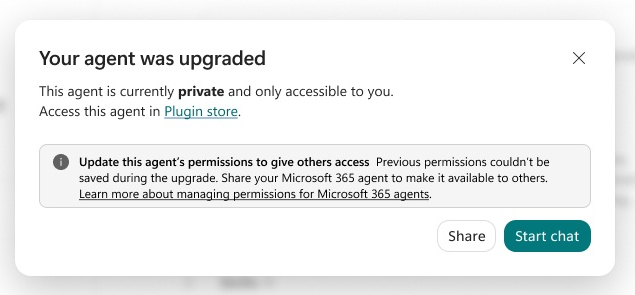 Screenshot of the upgraded agent confirmation for a private agent, with Share and Start chat options shown.