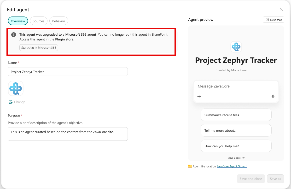 Screenshot of a banner showing this agent has been upgraded to a declarative agent and can be used in Copilot Chat.