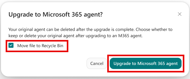 Screenshot of SharePoint Builder showing the Upgrade confirmation dialog with the Move file to Recycle bin option selected.