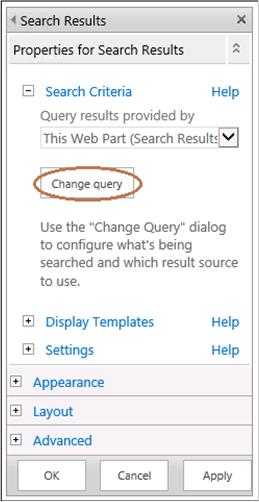 screen shot of Change Query button in Search Results Web Part tool pane