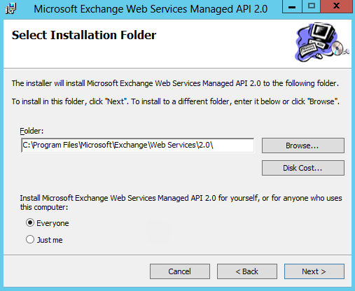 Screenshot of the MS Exchange Managed API install window.