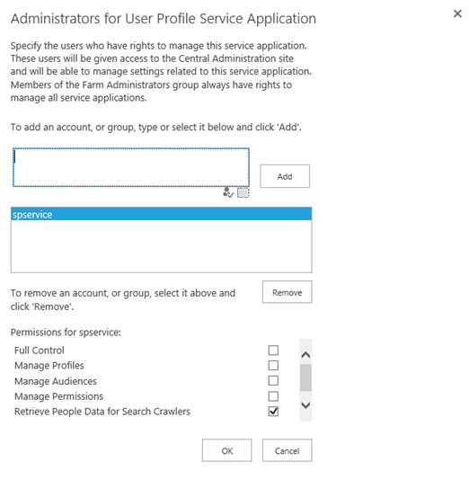 Screenshot of the Administrators for User Profile Service Application page.