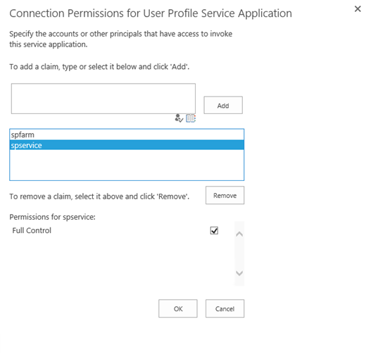 Screenshot of the Connection Permissions for User Profile Service Application page.