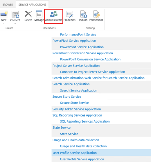 Screenshot to select the Administrators option under the Service Applications tab.