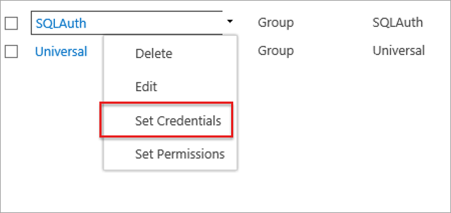 Screenshot of the Set Credentials option in the drop-down menu of the new Target Application.