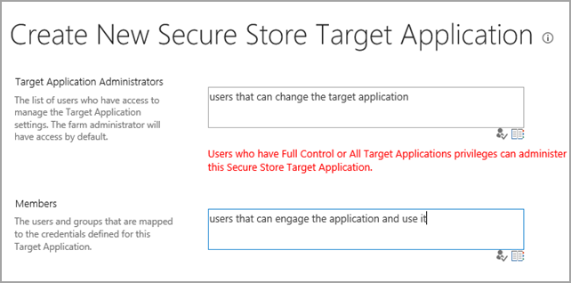 Screenshot of the Target Application Administrators and Members setting page.