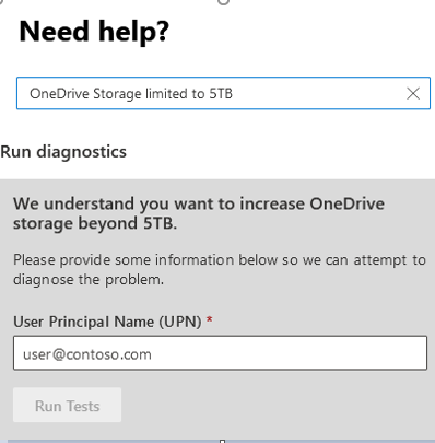 Screenshot of the Need Help window says we understand you want to increase OneDrive storage beyond 5 TB.